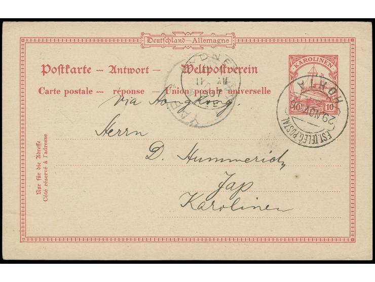 GANZSACHEN: 1901, Antwortkarte 10 Pfg. mit Stempel "EST. TELEG. POSTAL HORTA 29. NOV. 06" nach Jap mit vorderseitigem Ankunft