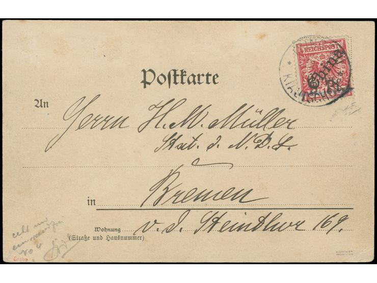 5 Pf. auf 10 Pfg. mit zusätzlichem Handstempel "5 Pf.", farbfrisch und gut gezähnt mit sauberem Stempel "TSINGTAU 21 7 00" au