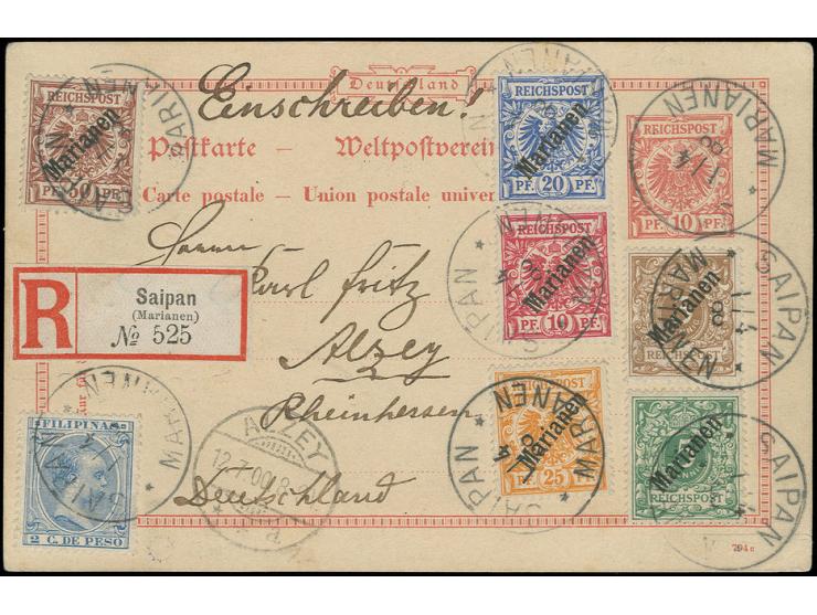 3 Pfg.-50 Pfg. kpl. als Zufrankatur auf Mitläuferkarte Krone/Adler 10 Pfg. und mit zusätzlicher Frankatur Philippinen 1896, 2
