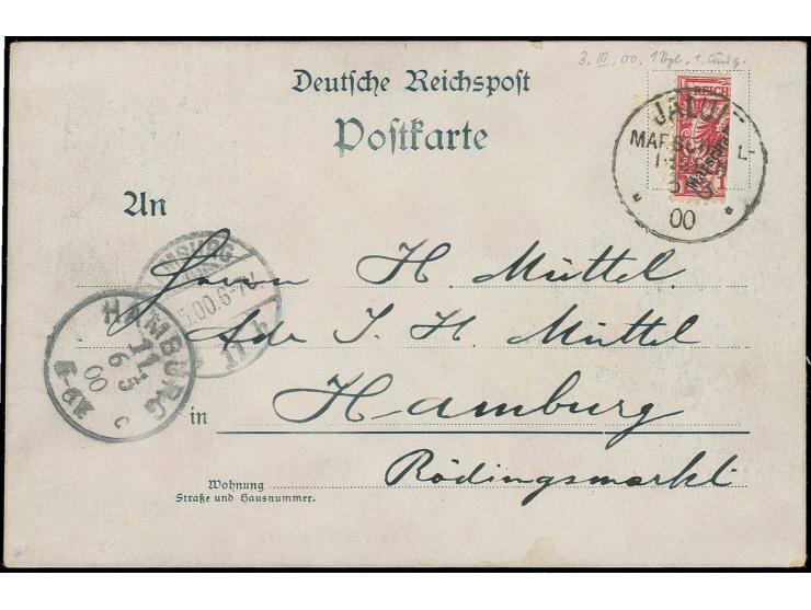 1897, Jaluit-Ausgabe 10 Pfg., senkrecht halbiert, linke Hälfte mit sauberem Stempel "JALUIT SCH 3 3 00" auf Ansichtskarte nac