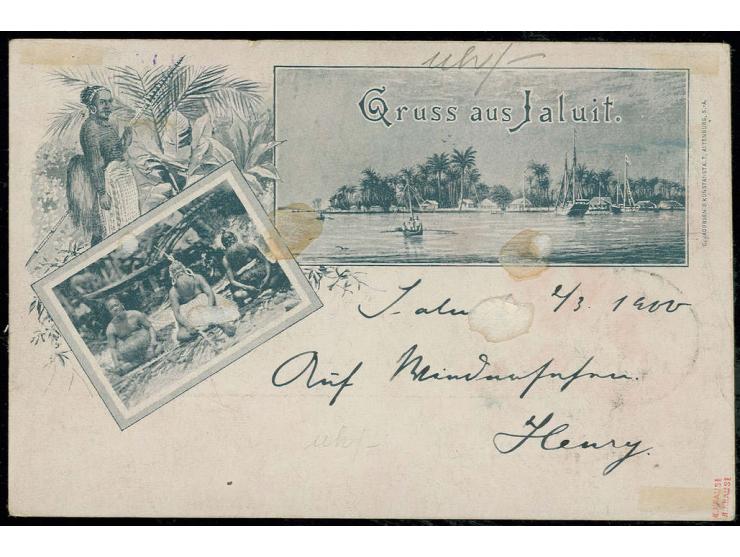 1897, Jaluit-Ausgabe 10 Pfg., senkrecht halbiert, linke Hälfte mit sauberem Stempel "JALUIT SCH 3 3 00" auf Ansichtskarte nac