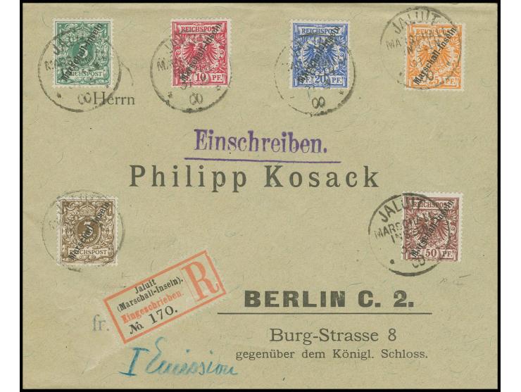 1899, Berliner Ausgabe 3-50 Pfg. kpl. mit erstem Stempel "JALUIT SCH 31/3 90" auf philatelistischem R-Brief an Kosak, Berlin 