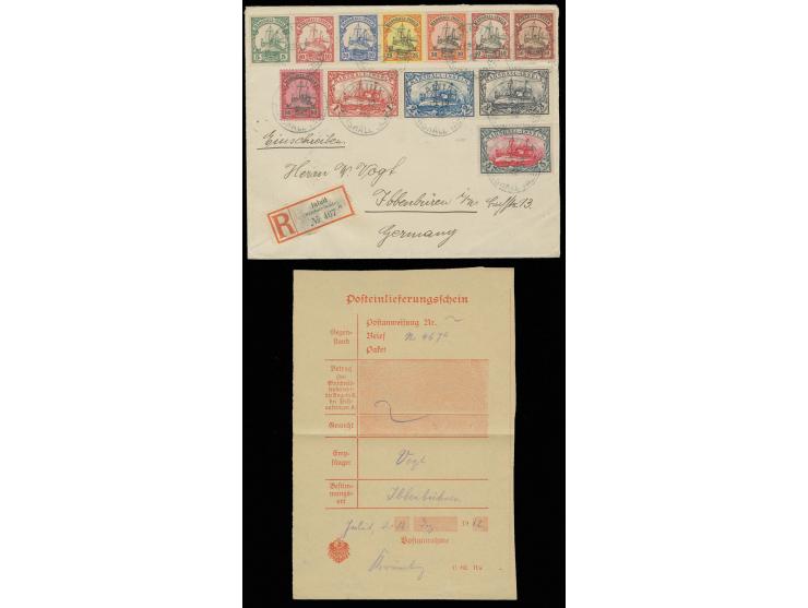 1901, ohne Wasserzeichen: 3 Pfg.-5 M., vorder- und rückseitig mit Stempel "JALUIT 12 12 12" auf R-Brief nach Ibbenbüren mit A