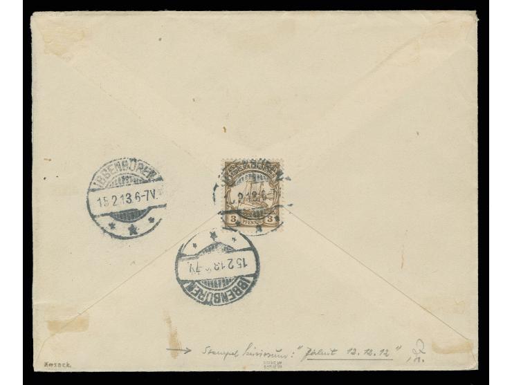1901, ohne Wasserzeichen: 3 Pfg.-5 M., vorder- und rückseitig mit Stempel "JALUIT 12 12 12" auf R-Brief nach Ibbenbüren mit A