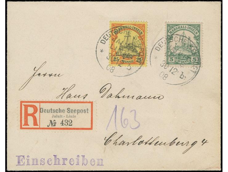 5 und 25 Pfg. mit Stempel "DSP JALUIT-LINIE b 30 12 08" auf kleinem R-Brief an Dahmann, Charlottenburg mit Ankunftsstempel, s