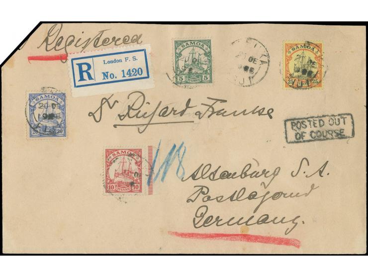 1900, 5-25 Pfg., gestempelt "LEVUKA / FIDI 20 DE 1908" auf R-Brief (linke obere Ecke abgeschrägt) nach Altenburg/S.A. mit R-Z