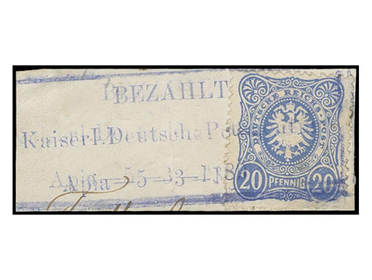 "BEZAHLT / Kaiserl. Deutsche Postagentur / Apia 5.3.1889", violetter Ra3 auf 20 Pfg. dunkelultramarin auf Briefstück, die Mar