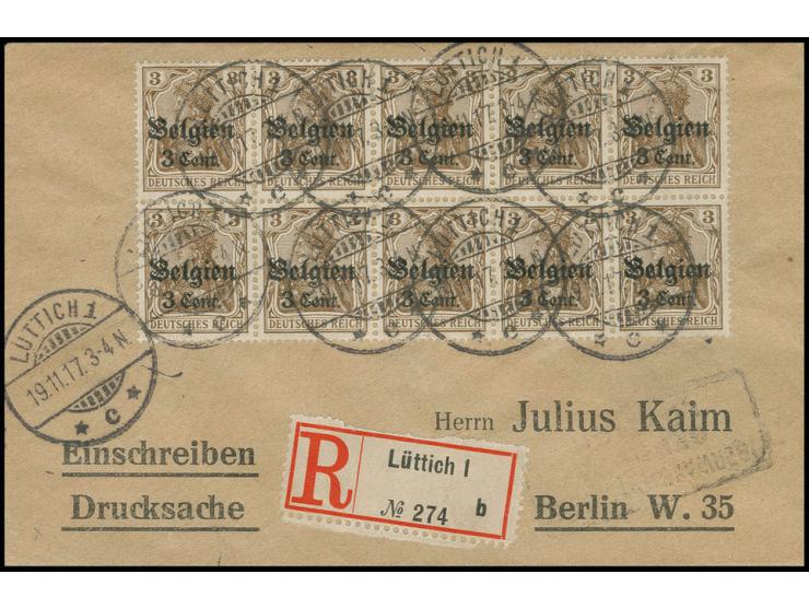1916, 3 C.  mit Zwischenraumabstand 1,0 mm, waagerechter 10er-Block als portogerechte Mehrfachfrankatur auf eingeschriebenem 