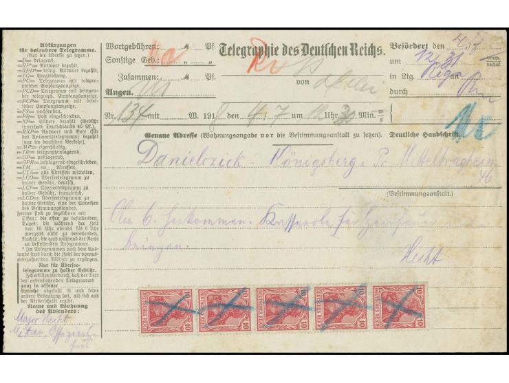 1918, Germania 10 Pfg. im senkrechten 5er-Streifen, 5 Pfg. und 20 Pfg., je mit Blaustift-Entwertung vorder- und rückseitig au