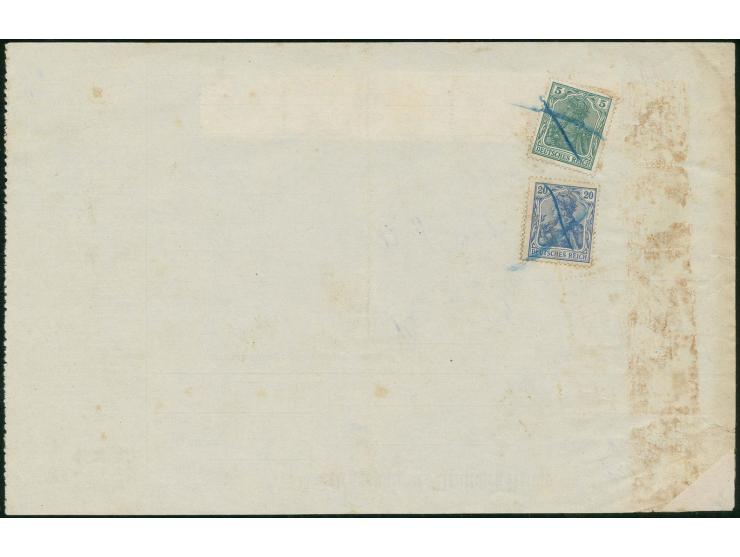 1918, Germania 10 Pfg. im senkrechten 5er-Streifen, 5 Pfg. und 20 Pfg., je mit Blaustift-Entwertung vorder- und rückseitig au