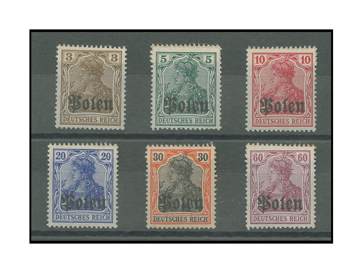 1915, Probedrucke mit Aufdruck "Polen": 3, 5, 10, 20, 30 und 60 Pfg., ungebraucht mit rückseitig 3seitig gezähntem Papierstre