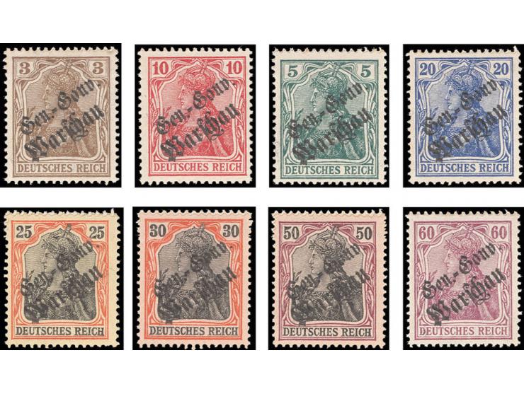 1916, Probeaufdruck "Gen.-Gouv. Warschau" als Schrägaufdruck auf 8 verschiedenen Werten ex 3-60 Pfg., ungebraucht, sehr selte
