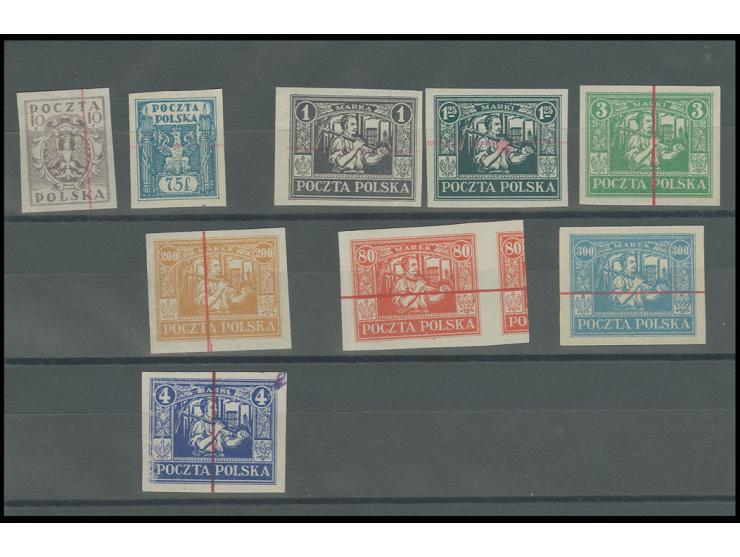 ÖSTLICHES OBERSCHLESIEN: REGULÄRE AUSGABE: 1922, 10 und 75 F. sowie 1-1,25, 4, 80, und 200-300 M. ungezähnt mit rotem Annulie