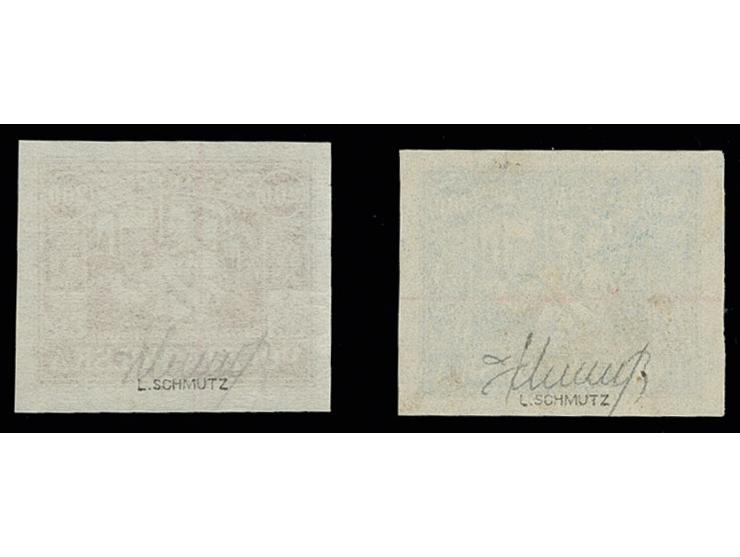ÖSTLICHES OBERSCHLESIEN: REGULÄRE AUSGABE: 1922, 10 und 75 F. sowie 1-1,25, 4, 80, und 200-300 M. ungezähnt mit rotem Annulie