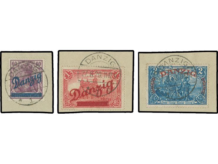 Großer Innendienst 60 Pfg.-2 M. kpl., je mit falschem Stempel "DANZIG * 1 r 27.8.20" auf Briefstück, Kabinett, Fotoattest Gru