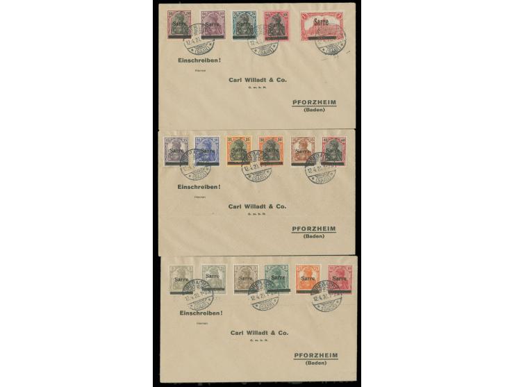 2 Pfg.-1 M. kpl. mit Stempel "DREBACH 12.4.20" auf 3 philatelistischen Umschlägen, einer außerhalb der Frankatur gefaltet, si
