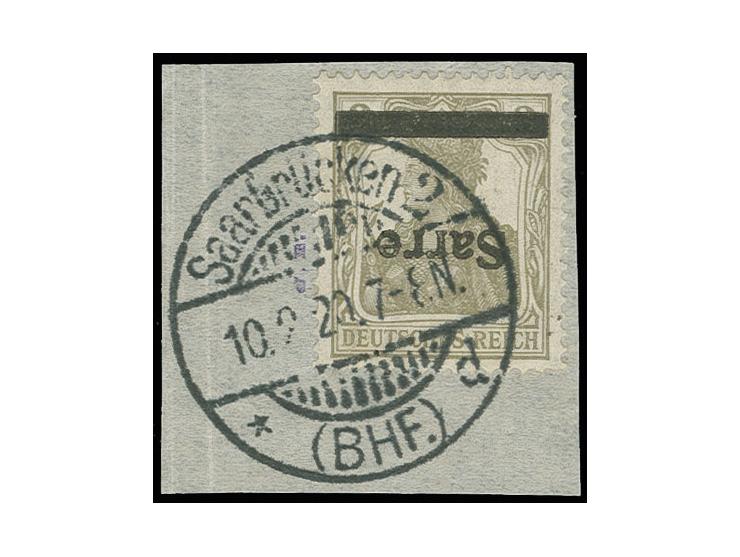 2 Pfg., Aufdruck kopfstehend mit Stempel "SAARBRÜCKEN (BHF) 10.2.20" auf Briefstück , signiert J. B., Fotoattest Braun BPP (M