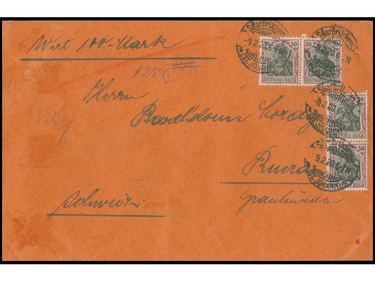 10 Pfg., Einzelmarke und Dreierstreifen in Mischfrankatur mit 4 Stück  Dt. Reich Germania 50 Pfg., vorder- bzw. rückseitig au