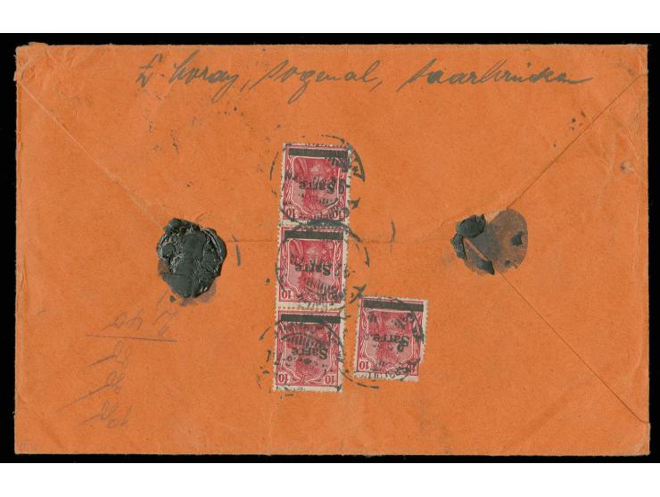 10 Pfg., Einzelmarke und Dreierstreifen in Mischfrankatur mit 4 Stück  Dt. Reich Germania 50 Pfg., vorder- bzw. rückseitig au