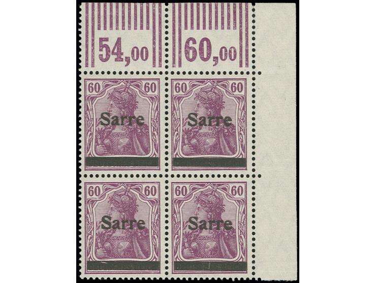 60 Pfg. rotlila im Viererblock aus der rechten oberen Bogenecke, dabei Aufdruckabart I, postfrisch , sign. Dr. Dub und Fotoat