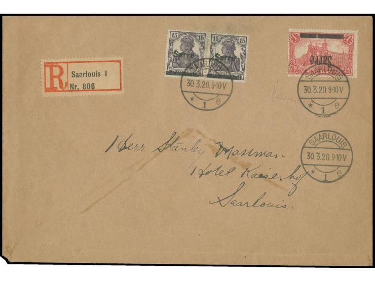 1 M. mit kopfstehendem Aufdruck mit 2 stück 15 Pfg. auf überfrankiertem Orts-R-Brief von "SAARLOUIS 30.3.20" mit AK-Stempel (