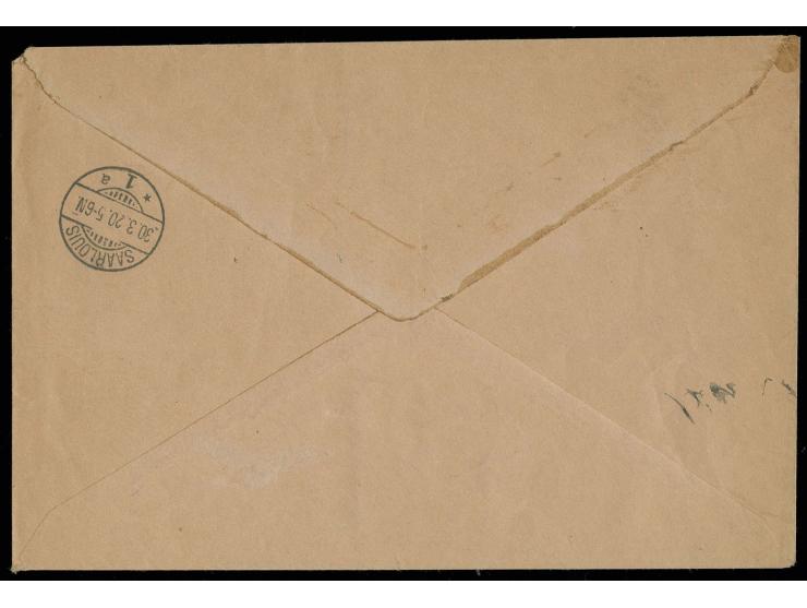 1 M. mit kopfstehendem Aufdruck mit 2 stück 15 Pfg. auf überfrankiertem Orts-R-Brief von "SAARLOUIS 30.3.20" mit AK-Stempel (