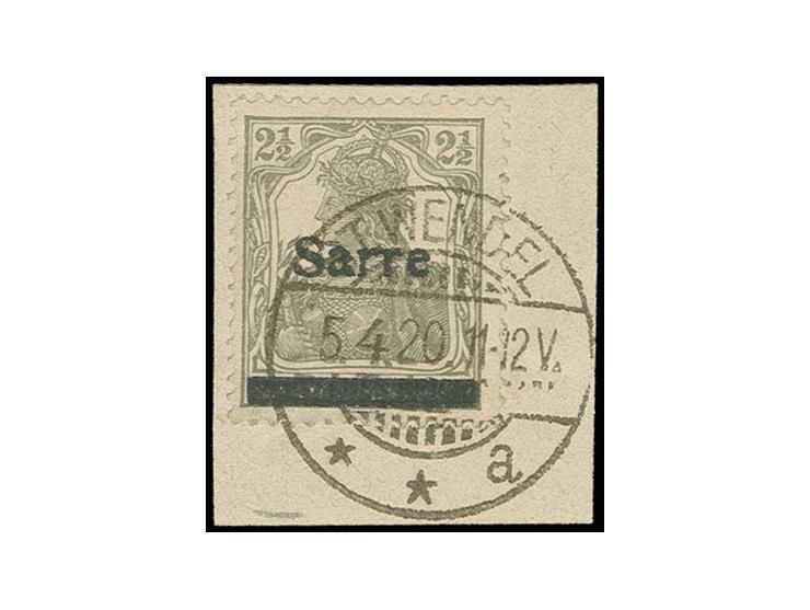 2½ Pfg. olivgrau mit sauberem Stempel "ST. WENDEL 5.4.20" auf Briefstück, Pracht, sign. Dr. Dub und Fotoattest Braun BPP (Mi.