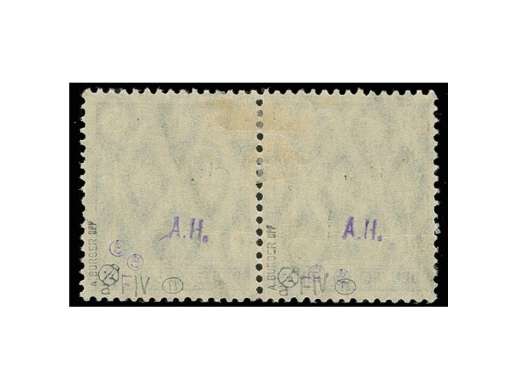 5 Pfg., waagerechtes Paar mit Aufdruck diagonal, leichte waagerechte Bugspur, u.a. signiert Burger BPP und Dr. Dub (Mi. 1000.