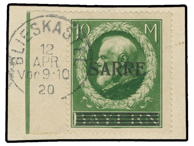 10 M. vom linken Rand mit Stempel "BLIESKASTEL  12 APR 20" auf Brieftsück, sign. Köhler (Mi. 320.-)