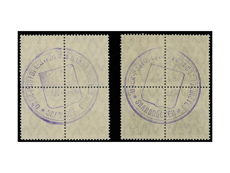 1921, 5 M. und 10 M. in Viererblocks mit rückseitigem Schutzstempelaufdruck, postfrisch, unsigniert.