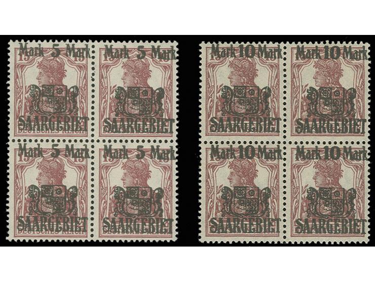 1921, 5 M. und 10 M. in Viererblocks mit rückseitigem Schutzstempelaufdruck, postfrisch, unsigniert.