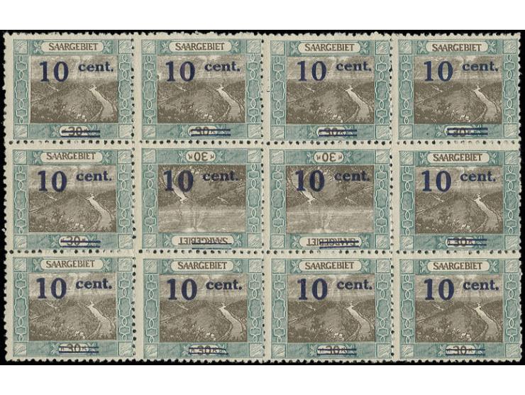 Freimarken  10 C. a. 30 Pfg. im 12er Block mit Kehrdruckherzstück, dabie die beiden mittleren Marken mit kopfstehendem Aufdru