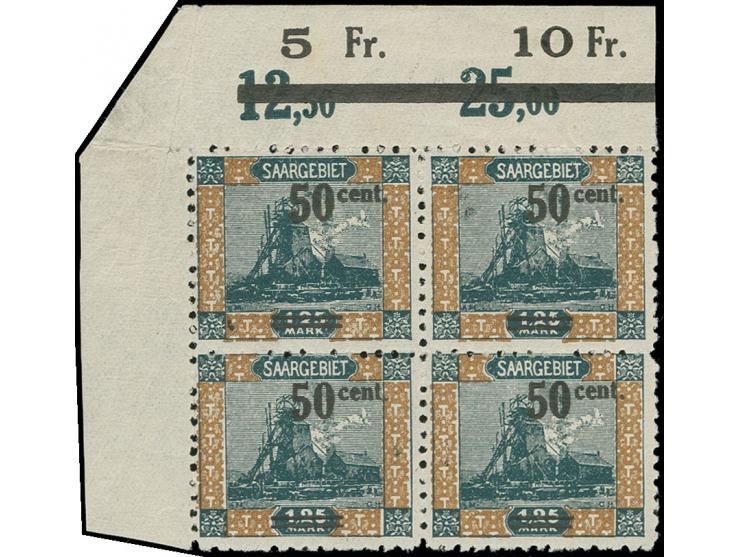 50 C. a. 1,25 M. gez. L 10 ½ im Viereblock aus der rechte oberen Bogenecke,postfrisch mit Falzspuren im Rand (Mi. 720,00)