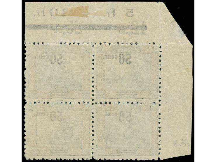 50 C. a. 1,25 M. gez. L 10 ½ im Viereblock aus der rechte oberen Bogenecke,postfrisch mit Falzspuren im Rand (Mi. 720,00)