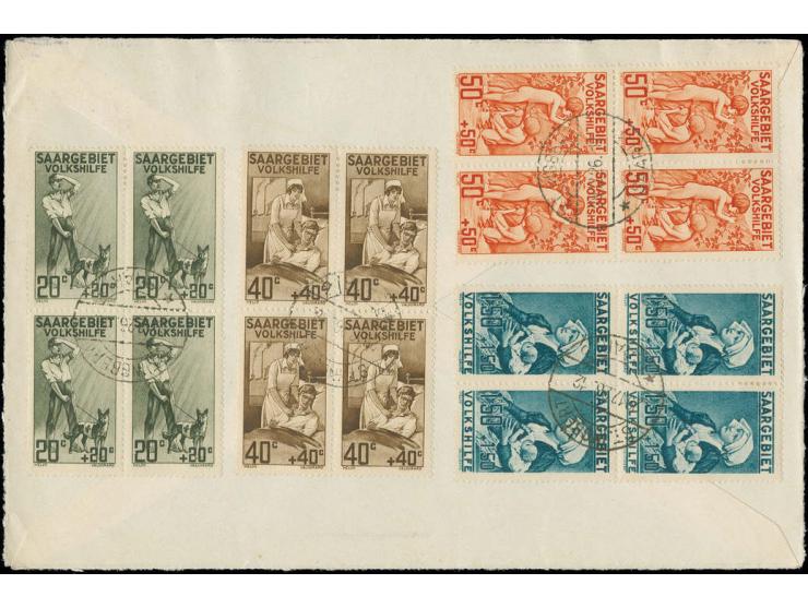 1926, Volkshilfe 20 C.- 1,50 Fr. in Viererblocks mit Stempel "ST.INGBERT 29.12.26" auf Unterlage