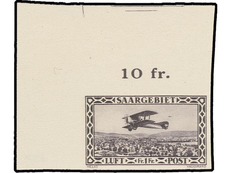 1928, Flugpost 1 Fr. ungezähnt aus der linken oberen Bogenecke, postrisch, zwei dünne waagerechten Streifen in der Gummierung