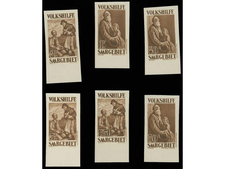 Volkshilfe 40 C.-3 Fr., ungezähnte Probedrucke in braun, je als Unterrandstück, postfrisch, Kabinett