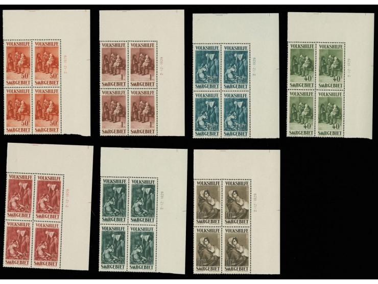 1929, Volkhilfe 40 C. - 10 fr. kpl. in 4er-Blocks aus der Bogenecke mit Druckdatum, postfrisch
