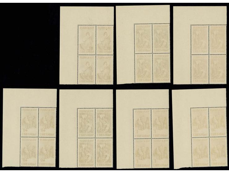 1929, Volkhilfe 40 C. - 10 fr. kpl. in 4er-Blocks aus der Bogenecke mit Druckdatum, postfrisch