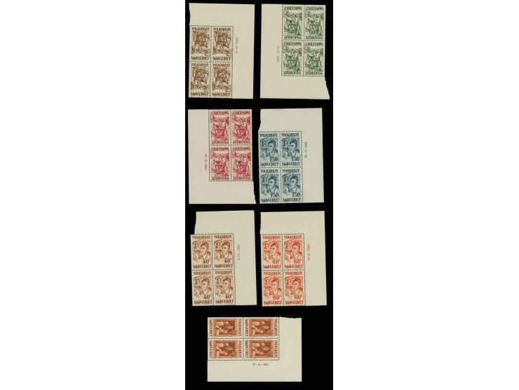1931, Volkshilfe 40 C. - 10 fr. kpl. in  Eckrandviererblocks mit Druckdatum, postfrisch