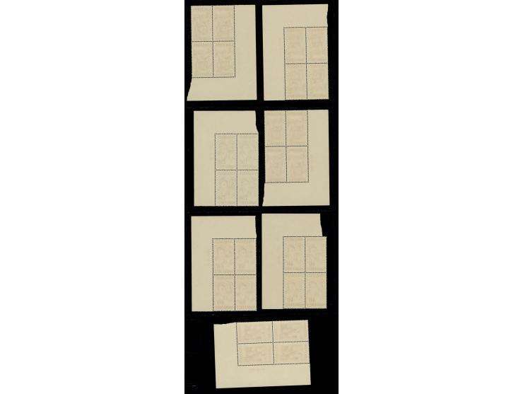 1931, Volkshilfe 40 C. - 10 fr. kpl. in  Eckrandviererblocks mit Druckdatum, postfrisch