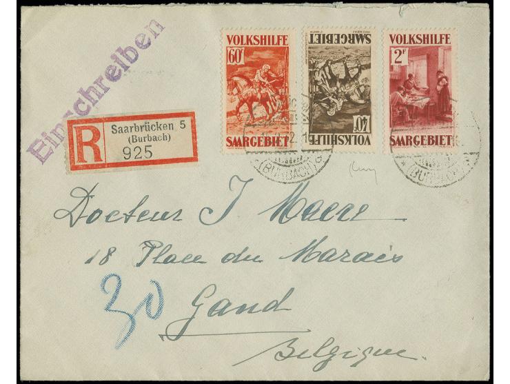 40 C., 60 C. und 2 Fr.als  portogerechte Frankatur auf R-Brief von " Saarbrücken (BURBACH) 15.2.32" nach Belgien