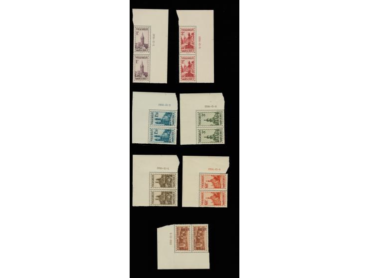 1932, Volkshilfe 40 C.- 5 Fr. kpl. in Eckrandpaaren mit Druckdatum, postfrisch