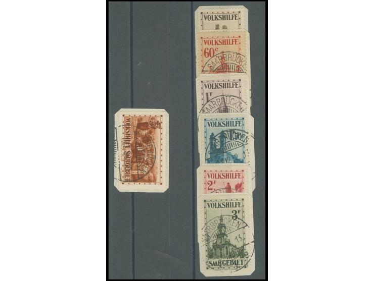 1932, Volkshilfe 40 C.-5 Fr., je sauber mit Stempel "SAARBRÜCKEN 21.12.32" auf kleinem Briefstück, teils winzig gelbfleckig i