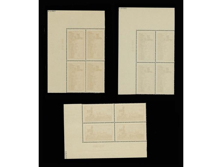 1933, Neunkirchen  60 C.-5 Fr. in Viererblocks aus der rechten unteren Bogenecke mit Druckdatum, je ein Wert mit Plattenfehle