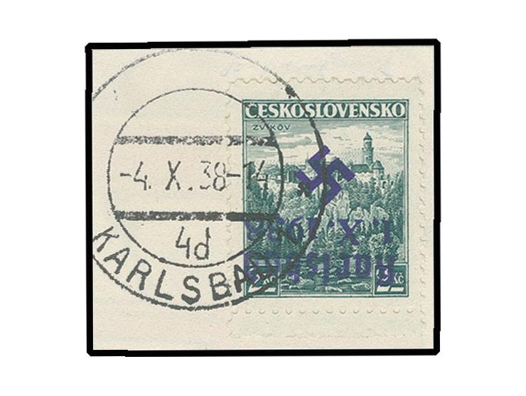 1938, Landschaften 2 Kc. grün, Unterrandstück mit kopfstehendem Aufdruck mit Stempel "KARLSBAD -4.X.38 -14" auf kleinem Brief
