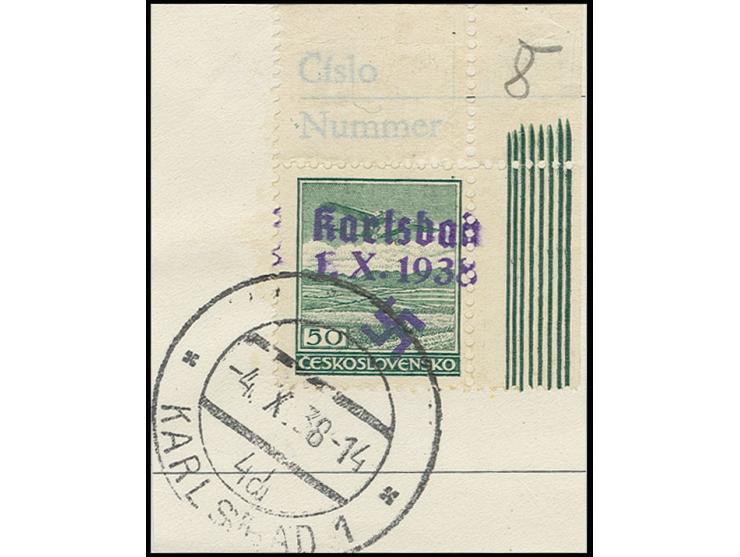 Flugpost 50 H. aus der rechten oberen Bogenecke mit Stempel "KARLSBAD -4.X.38 -14" auf Briefstück, Kabinett, Fotoattest Brune