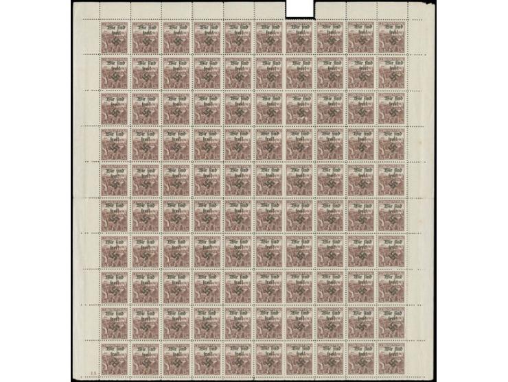 1938, 3 Kc. im vollständigen Bogen von 100 Werten (oben ein Randstück fehlend) mit seitenverkehrtem Hakenkreuz auf Feld 91 so