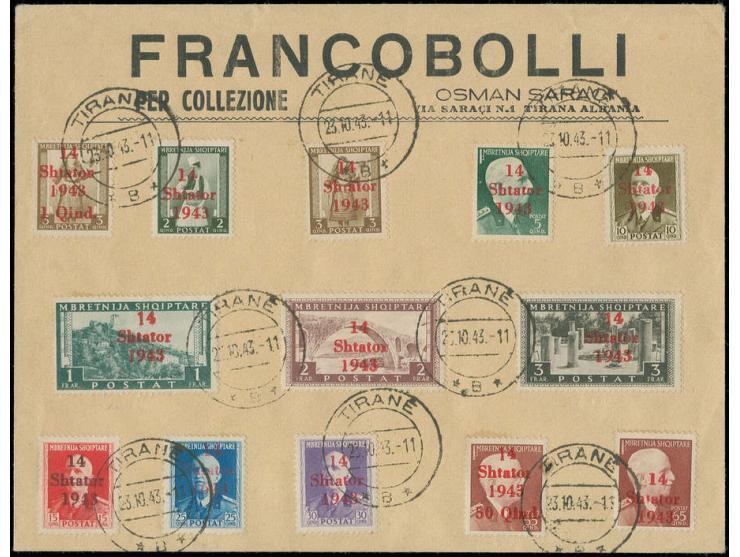 1943, 1 Q.-3 Fr. mit Stempel "TIRANE 23.10.43" auf Blanko-Umschlag, 25 Q. mit Aufdruckfehler "1643", 50 Q. sowie 1-3 Fr. mit 
