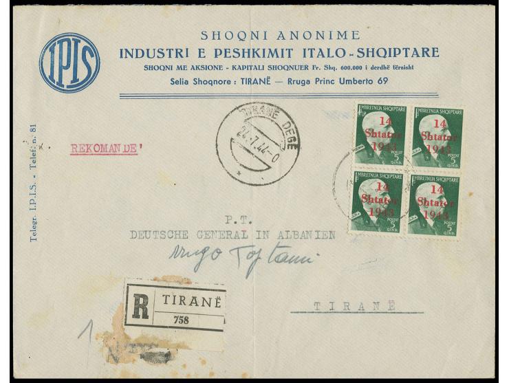 1943, 5 Q. im Viererblock mit Stempel "TIRANE DEGE 24.-7.44" auf Orts-R-Brief, der Umschlag einmal senkrecht gefaltet, leicht